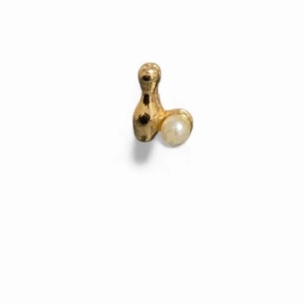Bowling Ball & Pin Gold Tone Pearl Accent Lapel Pin Chain & Bar Pinback